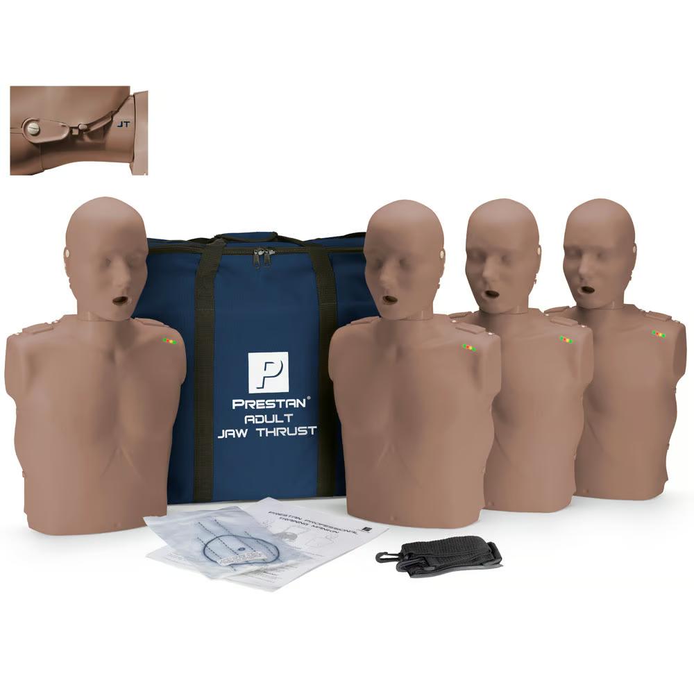 Prestan Professional Adult CPR Training Manikin with Jaw Thrust and Monitor, Dark Skin Tone - Pack of 4 | CPR-PP-JTM-400M-DS