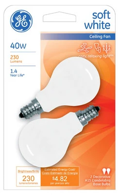Ge 40w White Candelabra Base Ceiling Fan Bulbs - 2 Pack