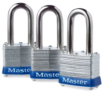 Durable Laminated Long-shackle Padlocks, Keyed Alike 3-pack