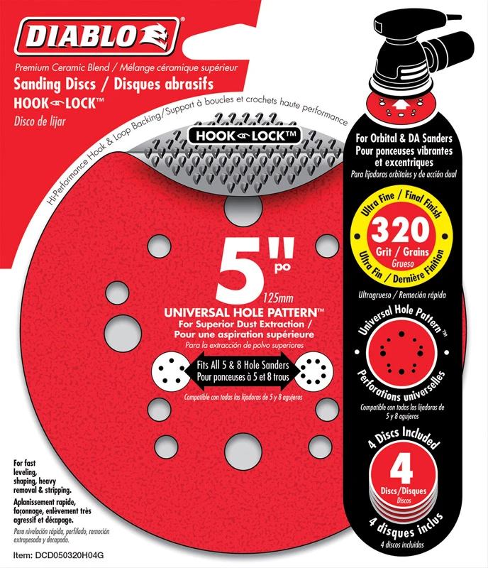 Orbital Sanding Disc, 12 Hole, Hook & Loop, 320-grit, 5-in., 4-pk.