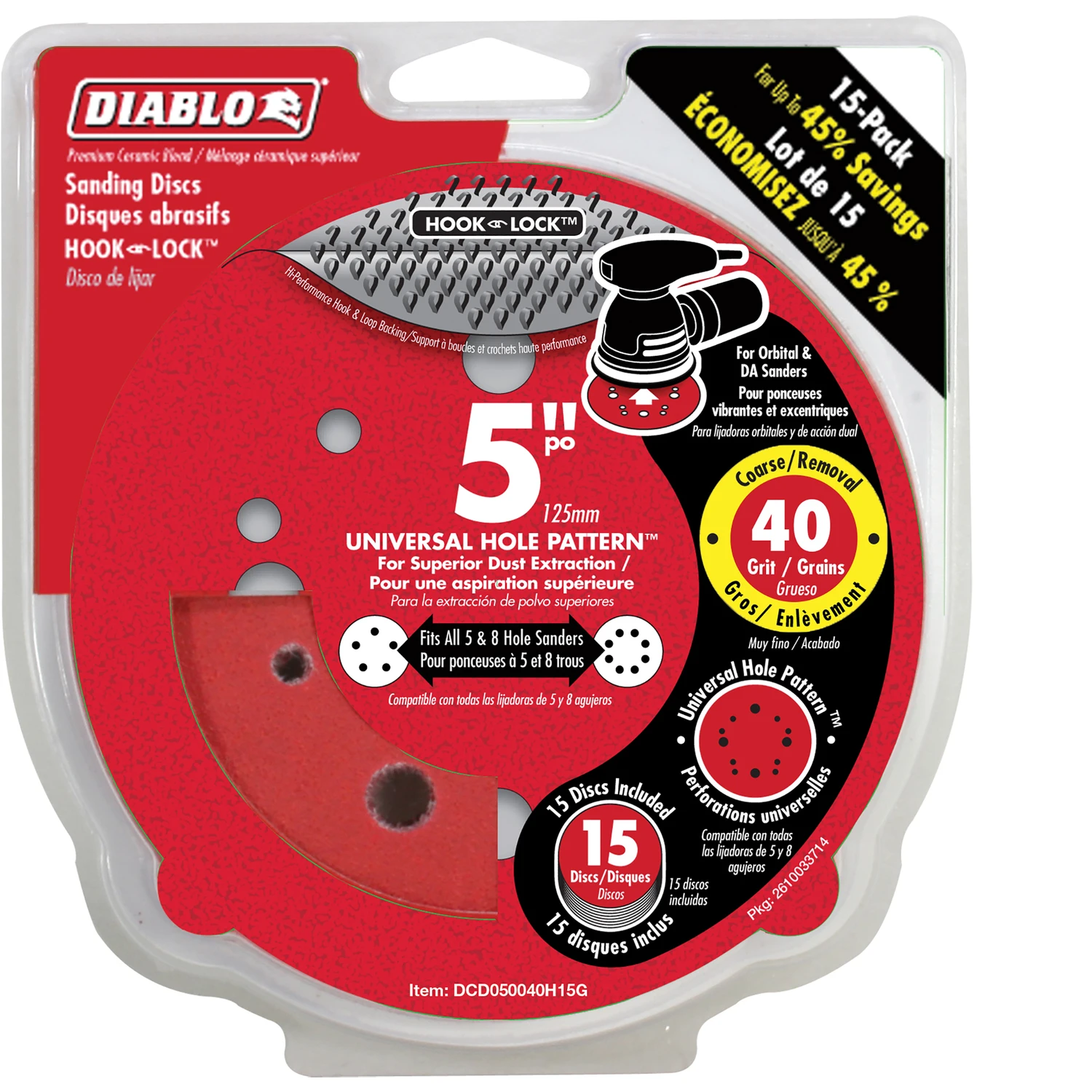 Sanding Disc, Hook & Loop, 40-grit, 5-in., 15-pk.
