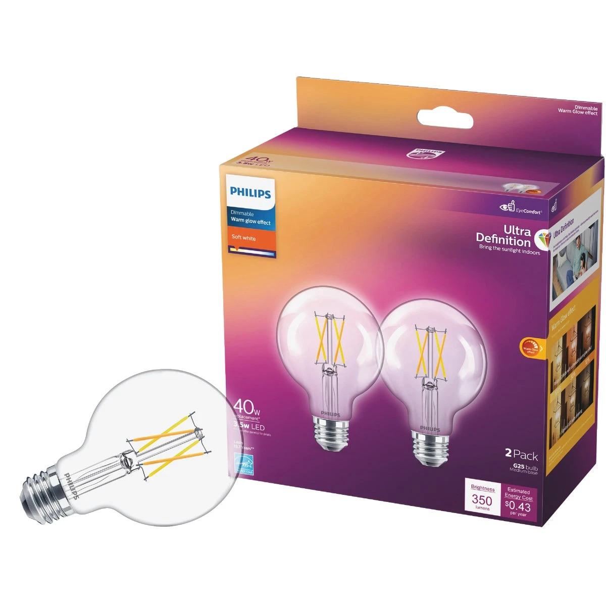 Warm Glow 40w Equivalent Soft White G25 Medium Clear Dimmable Led Decorative Globe Light Bulb (2-pack)