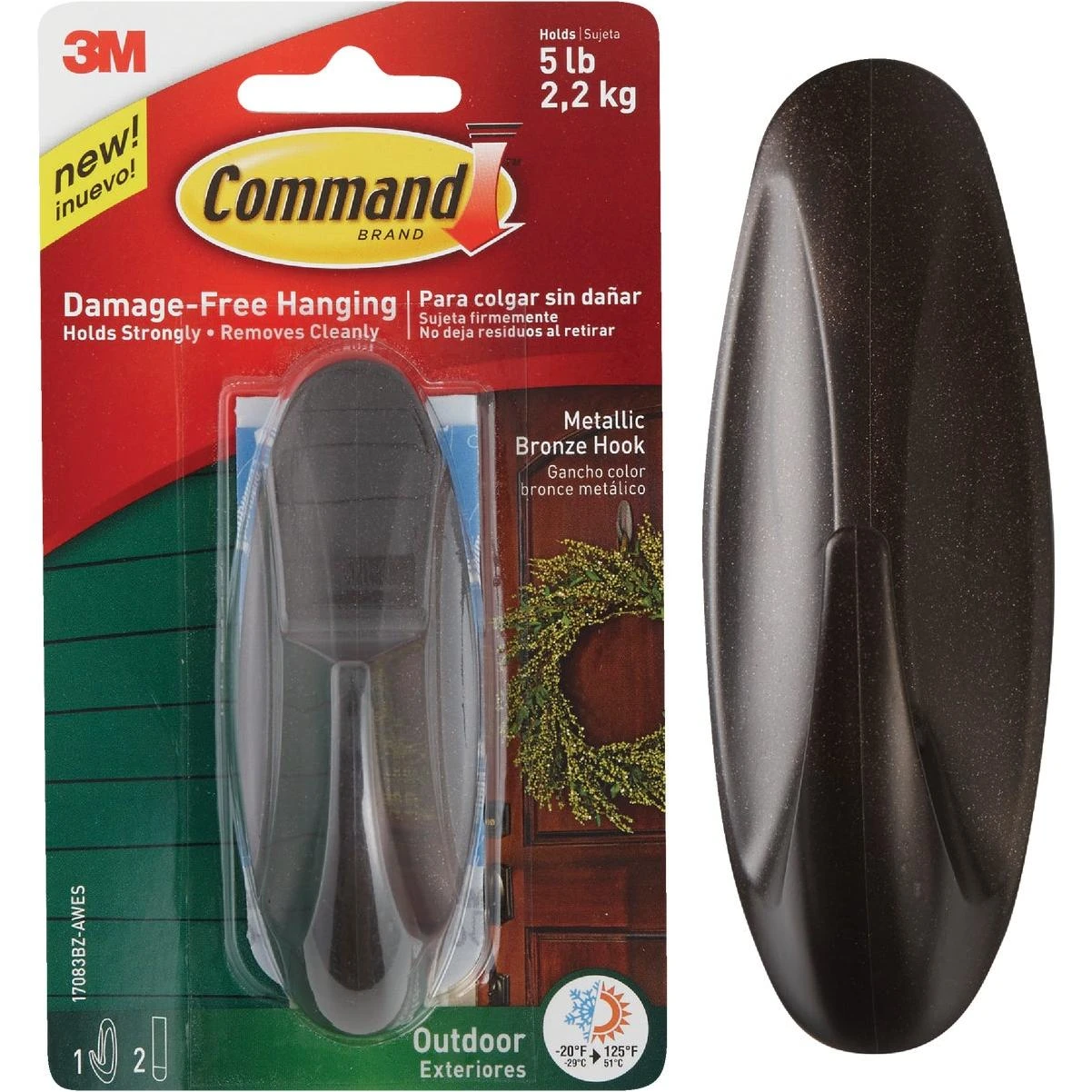 Outdoor Large Metallic Bronze Hook, 1 Hook, 2 Strips