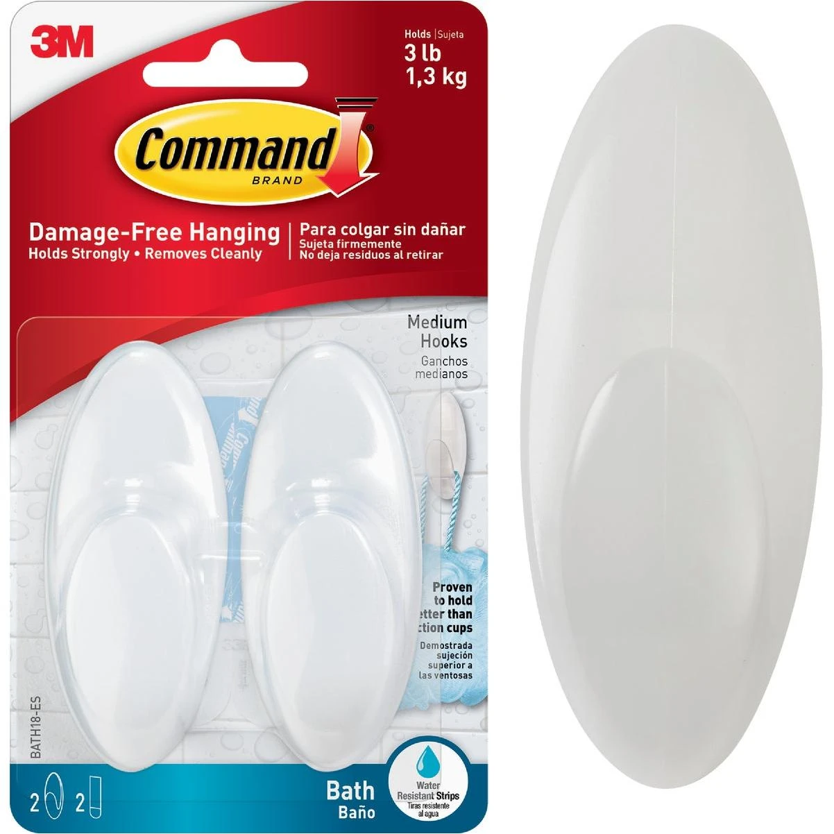 Medium Bath Hook, White, 2 Hooks, 2 Strips