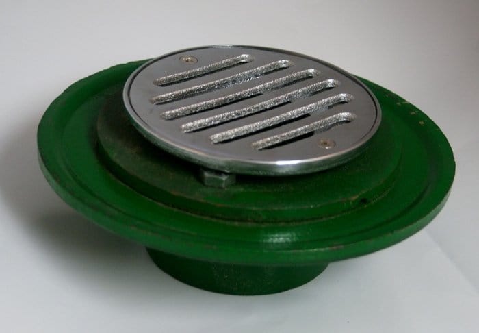 Prier Cast Iron Shower Drain, Bolt Down Clamping Ring with Polished Brass Grid, 2" FPT Inlet