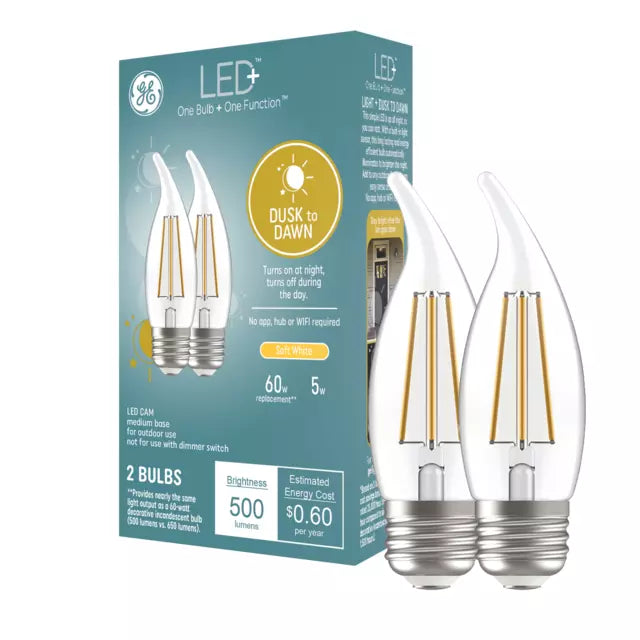 GE LED+ Dusk to Dawn LED Light Bulbs, Security Lights, 60 Watt Replacement, Decorative Candle Bulbs, Soft White