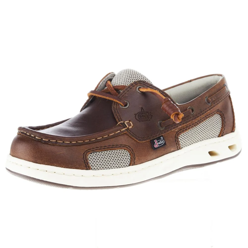 Justin Boot Company Mens George Strait Angler Cigar Brown Mocc Toe Boat Shoe