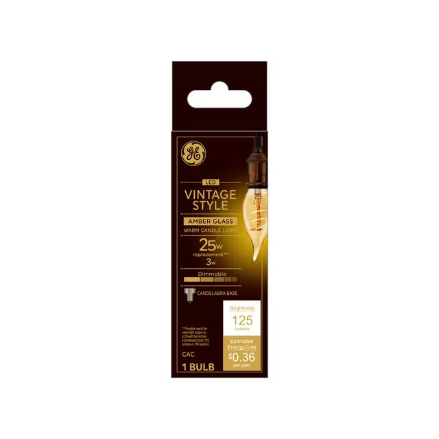 GE Vintage Style CA11 LED Light Bulb Decorative Candle Bulb Amber Glass 25 Watt Replacement